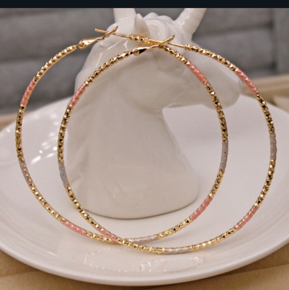 Huge 18 karat gold filled hoop earrings tri color unique and gorgeous